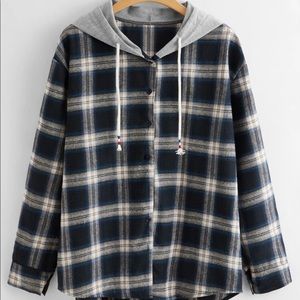 SHEIN Plaid Button-Up Drawstring Hoodie - XL
